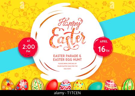 Easter eggs bright yellow poster. Easter holiday template for design card, banner, ticket, leaflet, poster and so on. Happy Easter poster. Stock Vector