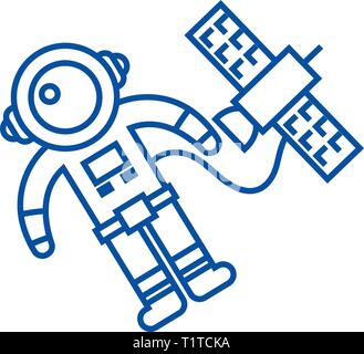 Spaceman in space with spaceship line icon concept. Spaceman in space with spaceship flat  vector symbol, sign, outline illustration. Stock Vector