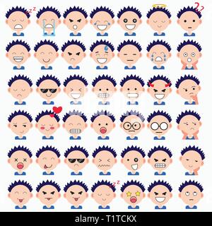 Illustration of cute boy faces showing different emotions. Joy, sadness, anger, talking, funny, fear, smile. Isolated illustration on white background Stock Vector