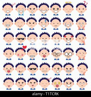 Illustration of cute boy faces showing different emotions. Joy, sadness, anger, talking, funny, fear, smile. Isolated illustration on white background Stock Vector