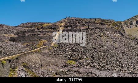 Walking in the derelict Dinorwic Quarry near Llanberis, Gwynedd, Wales, UK Stock Photo