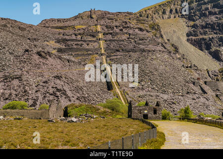 Walking in the derelict Dinorwic Quarry near Llanberis, Gwynedd, Wales, UK Stock Photo