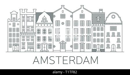 Banner of Amsterdam city in flat line style. Amsterdam line art. European old town. Dutch city landscape. Flat design style. Stock Vector