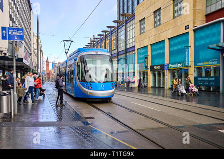 Tram number thirty one in Corporation Street, Birmingham in the new blue livery Stock Photo