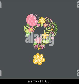 Floral summer question mark. Flower Capital wedding Uppercase Alphabet. Colorful font with flowers and leaves. Vector illustration scandinavian style. Stock Vector