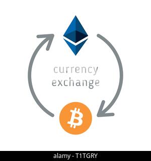 Bitcoin and ethereum currency exchange. Cryptocurrency converting. Bitcoin and ethereum cions symbol. Stock Vector