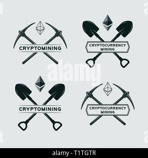 Ethereum mining symbol. Vector cryptocurrency mining emblem. Vector mining logo with shovel and pickaxe Stock Vector