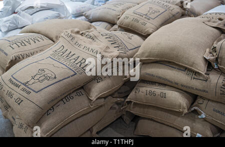 coffee beans packed in jute bags for export Stock Photo
