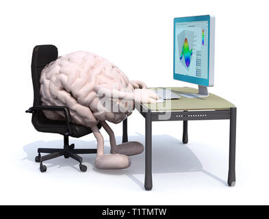 brain with arms and legs seating working on desk with computer, 3d illustration Stock Photo