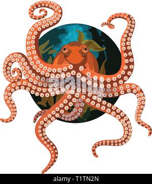 Octopus on a circular background with air bubbles and seaweed behind. Stock Vector