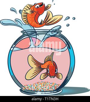 Goldfish Jumping. A fish jumping up from a goldfish bowl showing off as another fish sit at the bottom of the bowl staring out in shock. Stock Vector