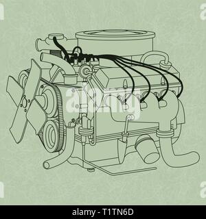 Generic Car Engine Diagram, on a green page background,  in the style of an car engine manual. Stock Vector