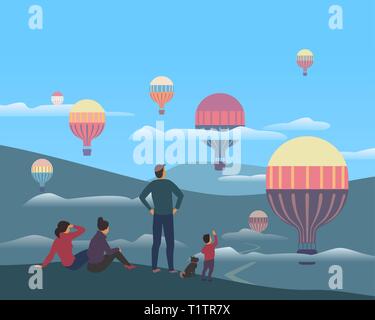 Hot air balloons flight in mountains valley Stock Vector