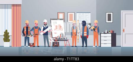 man architect engineer showing drawing building blueprint on easel board to construction workers group panning project team meeting presentation Stock Vector