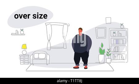 abdomen fat overweight man fatty guy obesity over size concept unhealthy lifestyle modern living room interior full length sketch doodle horizontal Stock Vector