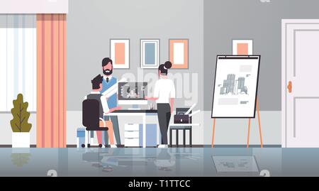 team architect engineers drawing blueprint urban building plan on computer panning design project concept office draftsman studio interior horizontal Stock Vector