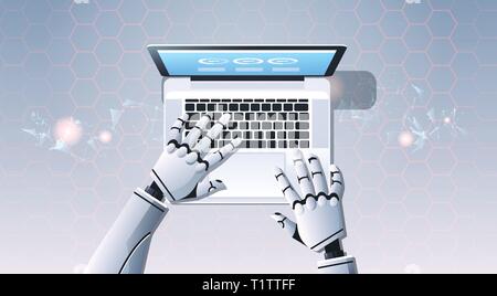 robot hands using laptop computer typing top angle view artificial intelligence digital futuristic technology concept flat horizontal Stock Vector