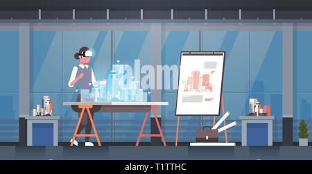 woman architect engineer wearing digital glasses virtual reality 3d building city model vr modeling headset vision concept house blueprint modern Stock Vector