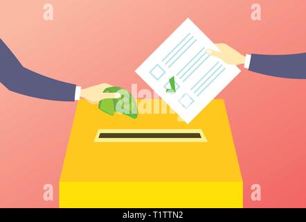 voter putting paper ballot list in box selling vote hand giving money during voting election corruption concept flat horizontal Stock Vector