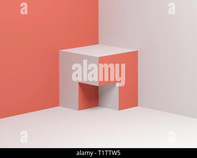 Abstract red white cubical object stands in empty corner, 3d render illustration Stock Photo