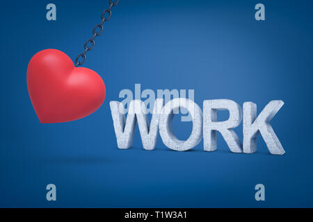 3d rendering of big red heart hanging on metal chain with WORK concrete sign on blue background Stock Photo
