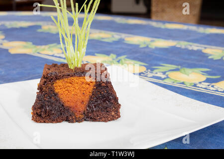 Detail of Easter chocolate cake with form of carrot as if it were in the ground. Stock Photo