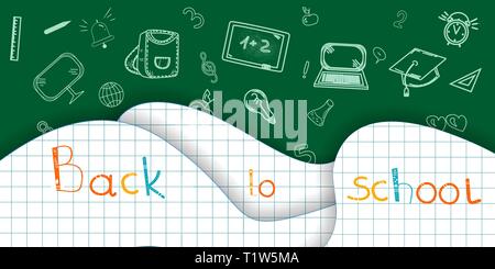 Back to school background Paper cut pages Icon Pencils letters Alarm clock Briefcase Chalkboard Notebook Vector illustration Stock Vector