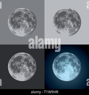 Set of Vector Full Moon icon on black and bright background. Prints for T-shirts or Creative Modern banners illustration. Stock Vector
