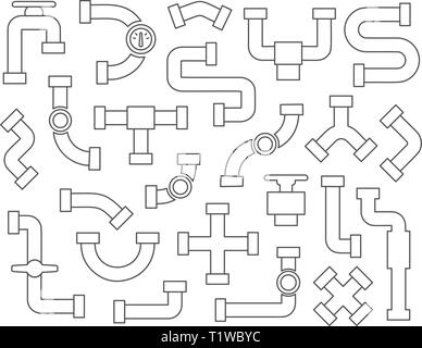 Set of pipeline element in line art style, vector icons collection on white background Stock Vector