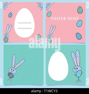 Square Easter cards of pink and blue with bunnies and colored eggs. Banners with rabbits and space for text. White egg frame. Vector illustration for  Stock Vector