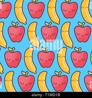 pattern of apples and bananas kawaii character vector illustration design Stock Vector