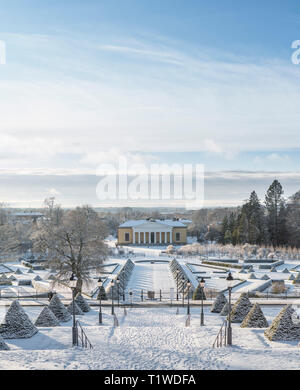 View of the snow covered Orangery of the University of Uppsala Botanical Garden in the winter, Uppsala, Sweden, Scandinavia. Stock Photo