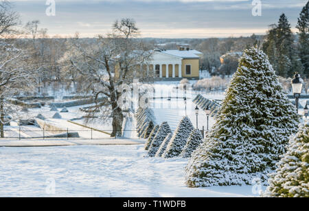 View of the snow covered Orangery of the University of Uppsala Botanical Garden in the winter, Uppsala, Sweden, Scandinavia. Stock Photo