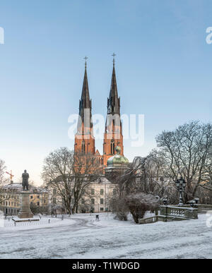 The cathedral and Gustavianum at night in the winter. View from the University park, Uppsala, Sweden, Scandinavia Stock Photo