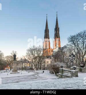 The cathedral and Gustavianum at night in the winter. View from the University park, Uppsala, Sweden, Scandinavia Stock Photo