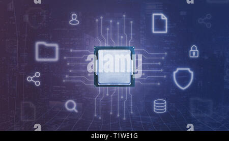 Central process unit CPU and electronic circuit surrounded with online services icon. Concept of processing online services, software for user securit Stock Photo