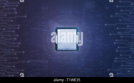Processor surrounded with microelectronic circuits. Abstract blue background with lights. Stock Photo