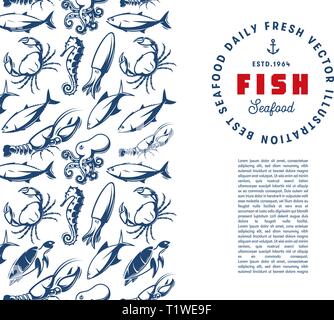 Underwater world vector template. Engraving seafood texture silhouette with logo template. Vector illustration. Stock Vector