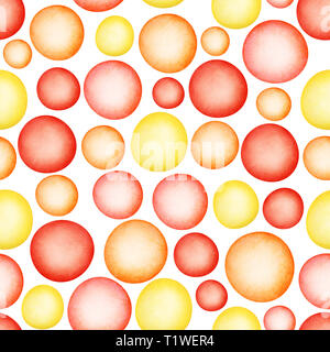 Round watercolor stains seamless pattern with yellow, red and orange dots Stock Photo