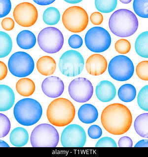 Round watercolor stains seamless pattern with yellow, red orange blue violet azure dots Stock Photo