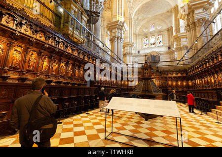 Malaga tourists in Malaga Cathedral Choir looking at the ornate medieval carvings; Catedral de Malaga, Malaga old town, Andalusia Spain Stock Photo