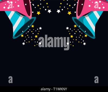 frame with trumpets of birthday with stars vector illustration design Stock Vector