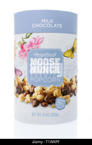 Winneconne, WI - 26 March 2019: A package of Harry and David moose munch milk chocolate popcorn on an isolated background Stock Photo