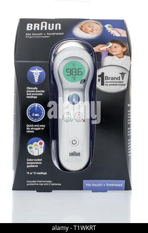 Winneconne, WI - 26 March 2019: A package of  Braun electronic thermometer on an isolated background Stock Photo
