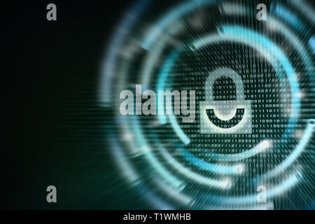 password protection for online internet network. Photo of computer screen display lighi white padlock icon with curved light blue lines encircled on b Stock Photo