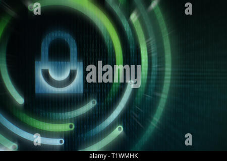 White graphic symbol of a padlock on green binary computer display - computer data protection. Internet Business Cyber security system concept Stock Photo