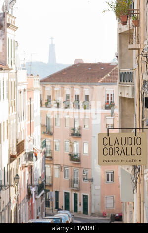 A street scene in the Barrio Alto neighborhood, Lisbon, Portugal. Claudio Corallo is a well-known producer of gourmet chocolate products Stock Photo