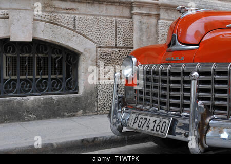 Detail of a classic Dodge automobile parked in Old Havana, Cuba. Vintage American cars are common on the city's streets, and many are used as taxis. Stock Photo