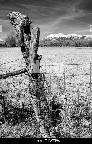 Black & white close-up of barbed wire fence & weathered wooden fence post; snow capped Rocky Mountains beyond; ranch in Central Colorado; USA Stock Photo