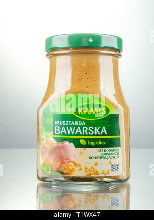 Kamis mustard on gradient background. Kamis was founded in Poland in 1991. Stock Photo